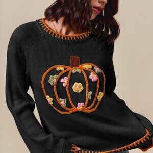 SO ME‎ Pumpkin Floral Embroidered Thanksgiving Sweater